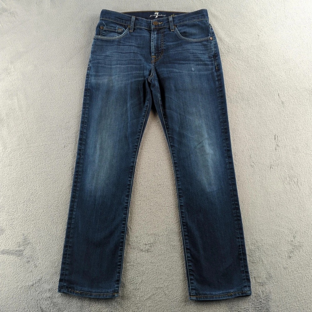 7 For All Mankind Jeans Mens 34x32 Blue Slimmy Slim Straight Stretch Denim Faded